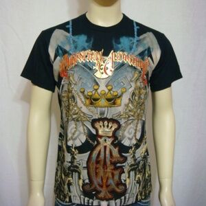 Christian Audigier Men Black Shirt Short Sleeve Round Neck Rhinestone Crown